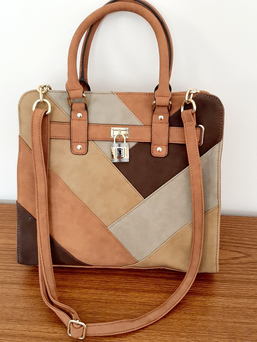 Patchwork Leather Tote Bag in Tan, Brown & Cream